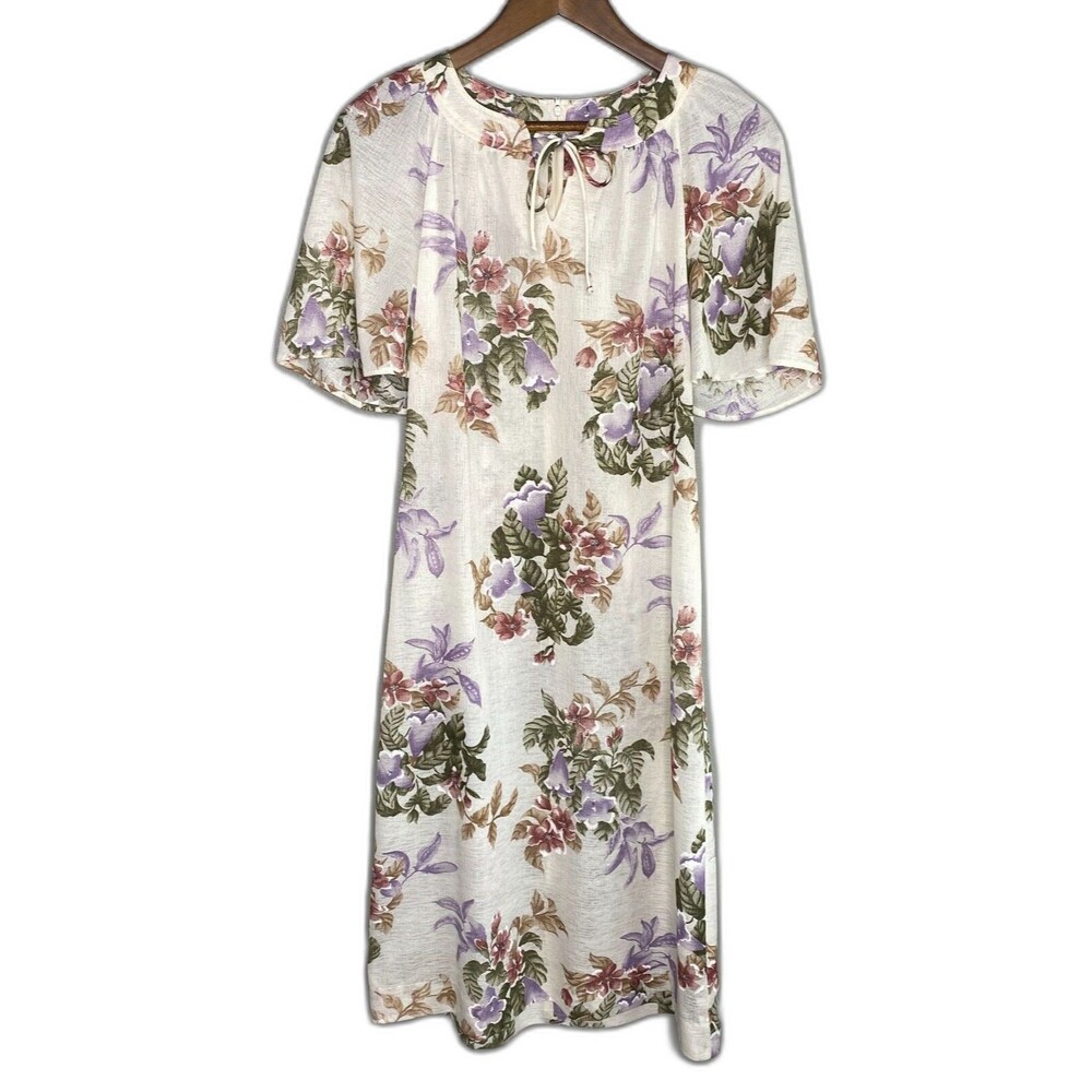 VTG Mynette Women's 14 Dress Sheer Tropical Floral Cream Flutter Sleeve 70's
